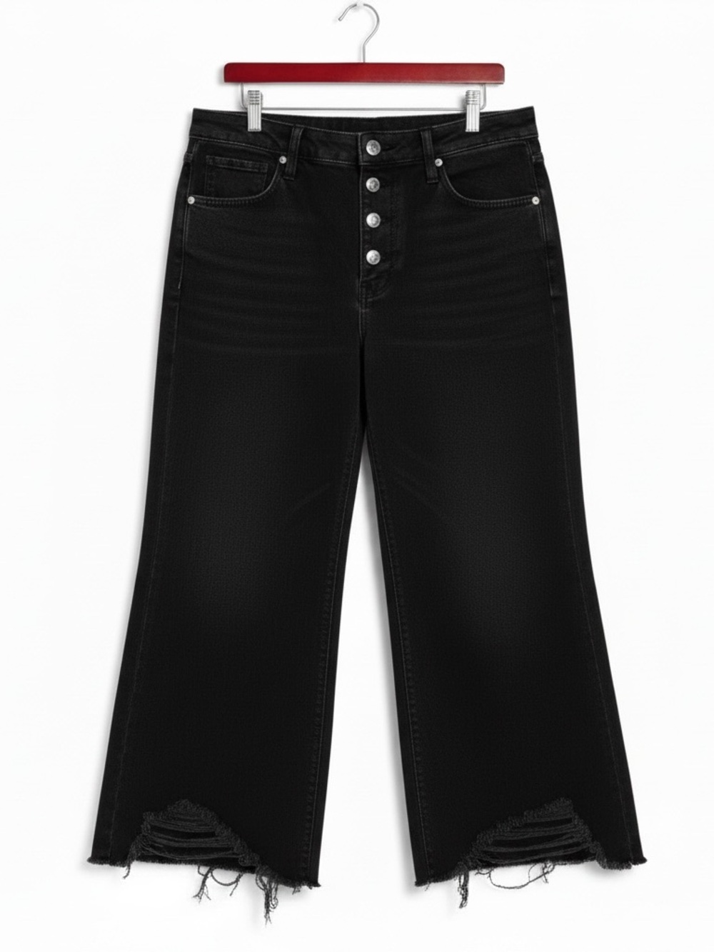 Black Stretch Raw Hem Crop Jeans High Rise Button Fly wide leg